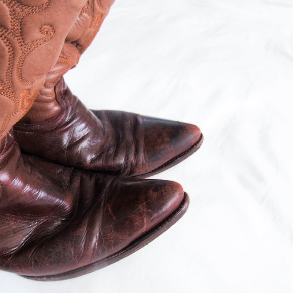 VINTAGE Western Embroidered Leather Cowboy Boots Brown Mid Calf Size Mens 9 - Picture 3 of 12